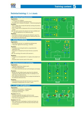 Training content 55
Technical training: 7. 1 v 1 duels
Organisation:
− 3 teams of 2 to 3 players.
− 1 v 1 games on marked out playing areas.
− The ball is fed in between the players. − Restricted playing time.
Procedure:
− The 1st
player tries to keep the ball (by covering and protect-
ing it and feinting).
− The 2nd
player tries to dispossess him or to knock the ball out
of play.
The coach coaches the attacker (on how to dribble) and
then the defender (on his defensive play).
Variations:
− The attacker attempts to get past the defender’s goal line.
− The coach can instruct the defender on defensive play and
the attacker on attacking play.
Organisation:
− The same as exercise 1 on marked out playing areas.
− “Stop ball” against the clock (e.g. 1 minute).
Procedure:
− The players try to bring the ball to a stop behind the
opponents’ line.
− The action is restarted by the team that has scored the
point.
The coaching is the same as for exercise 1.
Variations:
− The game can be played with 2 or 4 goals; every player can
score.
− The ball is fed in by the coach in the centre.
Organisation:
− 3 groups comprising 4 players each.
− Marked out playing areas.
− 1 v 1 with a time limit (as soon as the ball goes out of play).
Procedure:
− A plays the ball to B, who gets away from the defender
marking him. With the ball at his feet, he attempts to run
with it past the defensive line.
− If the defender dispossesses him, he plays the ball back to
the defender behind the line.
Variations:
− If the defender knocks the ball into touch as a result of a
challenge or sliding tackle, he scores 1 point.
Organisation:
− 2 teams of 3 to 4 players + 2 goalkeepers.
− Marked out playing areas + 2 goals.
− Goalkeeper on the line.
Procedure (Pitch A):
− The teams play with two goals and try to score.
− The ball is fed in by the goalkeeper to one of his players.
− Time limit on play (e.g. 1’).
Variations (Pitch B):
− With 2 goals and 2 small goals, in which each team can
score by crossing the line with the ball at the feet of the
scoring player.
A B
3. Retaining possession and attacking
1. Retaining and gaining possession
2. Attacking and defending
4. 1 v 1 game / with goalkeepers
A B
B B B
A A A
 