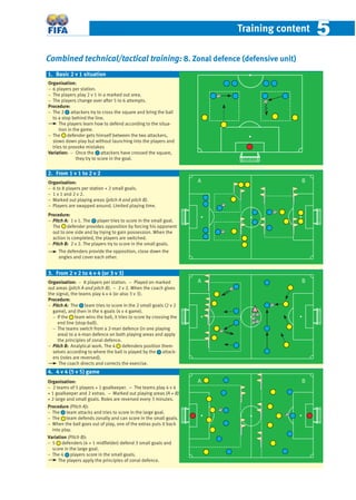 Training content 55
Combined technical/tactical training: 8. Zonal defence (defensive unit)
Organisation:
− 6 players per station.
− The players play 2 v 1 in a marked out area.
− The players change over after 5 to 6 attempts.
Procedure:
− The 2 attackers try to cross the square and bring the ball
to a stop behind the line.
The players learn how to defend according to the situa-
tion in the game.
− The defender gets himself between the two attackers,
slows down play but without launching into the players and
tries to provoke mistakes
Variation: − Once the attackers have crossed the square,
they try to score in the goal.
Organisation:
− 6 to 8 players per station + 2 small goals.
− 1 v 1 and 2 v 2.
− Marked out playing areas (pitch A and pitch B).
− Players are swapped around. Limited playing time.
Procedure:
− Pitch A: 1 v 1. The player tries to score in the small goal.
The defender provides opposition by forcing his opponent
out to one side and by trying to gain possession. When the
action is completed, the players are switched.
− Pitch B: 2 v 2. The players try to score in the small goals.
The defenders provide the opposition, close down the
angles and cover each other.
Organisation: − 8 players per station. − Played on marked
out areas (pitch A and pitch B). − 2 v 2. When the coach gives
the signal, the teams play 4 v 4 (or also 3 v 3).
Procedure:
− Pitch A: The team tries to score in the 2 small goals (2 v 2
game), and then in the 4 goals (4 v 4 game).
− If the team wins the ball, it tries to score by crossing the
end line (stop-ball).
− The teams switch from a 2-man defence (in one playing
area) to a 4-man defence on both playing areas and apply
the principles of zonal defence.
− Pitch B: Analytical work. The 4 defenders position them-
selves according to where the ball is played by the attack-
ers (roles are reversed).
The coach directs and corrects the exercise.
2. From 1 v 1 to 2 v 2
3. From 2 v 2 to 4 v 4 (or 3 v 3)
Organisation:
− 2 teams of 5 players + 1 goalkeeper. – The teams play 4 v 4
+ 1 goalkeeper and 2 extras. – Marked out playing areas (A + B)
+ 2 large and small goals. Roles are reversed every 3 minutes.
Procedure (Pitch A):
− The team attacks and tries to score in the large goal.
− The team defends zonally and can score in the small goals.
− When the ball goes out of play, one of the extras puts it back
into play.
Variation (Pitch B):
− 5 defenders (4 + 1 midﬁelder) defend 3 small goals and
score in the large goal.
− The 4 players score in the small goals.
The players apply the principles of zonal defence.
4. 4 v 4 (5 v 5) game
1. Basic 2 v 1 situation
A B
A B
A B
 