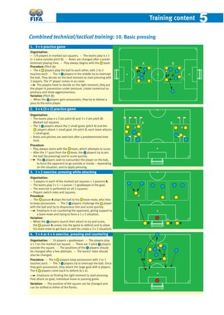 Training content 55
Combined technical/tactical training: 10. Basic pressing
Organisation:
− 7/8 players in marked out squares. − The teams play 4 v 3
(+ 1 extra outside pitch B). − Roles are changed after a prede-
termined playing time. − Play always begins with the team.
Procedure (Pitch A):
− The 4 players play the ball to each other, with 2 to 3
touches each. − The 3 players in the middle try to intercept
the ball. They decide on the best moment to start pressing with
2 players. The 3rd
player comes in as cover.
The players have to decide on the right moment; they put
the player in possession under pressure, create numerical su-
premacy and show aggressiveness.
Variation (Pitch B):
− When the players gain possession, they try to deliver a
pass to the extra player.
Organisation:
− The teams play 4 v 3 (on pitch A) and 3 v 2 (on pitch B).
Marked out squares.
− The 3 players attack the 2 small goals (pitch A) and the
players attack 1 small goal. On pitch B, each team attacks
1 small goal.
− Roles and pitches are switched after a predetermined time
limit.
Procedure:
− Play always starts with the team, which attempts to score.
− After the 1st
pass from the team, the players try to win
the ball (by pressing) and to score quickly.
The players seek to outnumber the player on the ball,
to force the opponent to go outside or inside – depending
on the situation, and to apply pressing.
Organisation:
− 3 players in each of the marked out squares + 3 passers A.
− The teams play 2 v 1 + 1 passer / 1 goalkeeper in the goal.
− The exercise is performed on all 3 squares.
– Players switch roles and squares.
Procedure:
− The passer A plays the ball to his team-mate, who tries
to keep possession. − The 2 players challenge the player
with the ball and try to dispossess him and score quickly.
Emphasis is on countering the opponent, giving support to
a team-mate and trying to force a 1 v 2 situation.
Variation:
– When the players launch their attack to try and score,
the passer A comes into the game to defend and to allow
his team-mate to get back as well (to create a 2 v 2 situation).
Organisation: − 10 players + goalkeeper. – The players play
4 v 3 on the marked out square. − There are 3 extra players
outside the square. − The positions of the players should
be changed after a few attempts. − The teams’ roles should
also be changed.
Procedure: − The 4 players keep possession with 2 or 3
touches each. − The 3 players try to intercept the ball. Once
they gain possession, they attack the large goal with 6 players.
The 4 players come back to defend (6 v 4).
Emphasis on ﬁnding the right moment to start pressing.
Free attack on goal; individual move or passing game.
Variation: – The position of the square can be changed and
can be shifted to either of the ﬂanks.
A B
4. 3 v 4 or 6 v 4 exercise, pressing and countering
3. 1 v 2 exercise: pressing while attacking
1. 3 v 4 practice game
2. 3 v 4 (3 v 2) practice game
A B
A B
A A A
 
