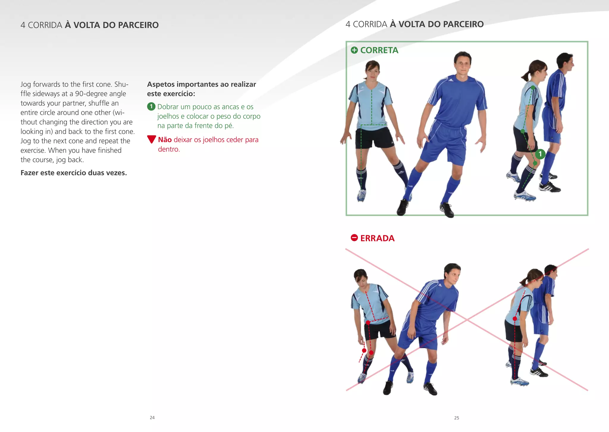 4 CORRIDA À VOLTA DO PARCEIRO

4 CORRIDA À VOLTA DO PARCEIRO
CORRETA

Jog forwards to the first cone. Shuffle sideways at a 90-degree angle
towards your partner, shuffle an
entire circle around one other (without changing the direction you are
looking in) and back to the first cone.
Jog to the next cone and repeat the
exercise. When you have finished
the course, jog back.

Aspetos importantes ao realizar
este exercício:
1

Dobrar um pouco as ancas e os

joelhos e colocar o peso do corpo
na parte da frente do pé.
N
 ão deixar os joelhos ceder para
dentro.

1

Fazer este exercício duas vezes.

ERRADA

24

25

 