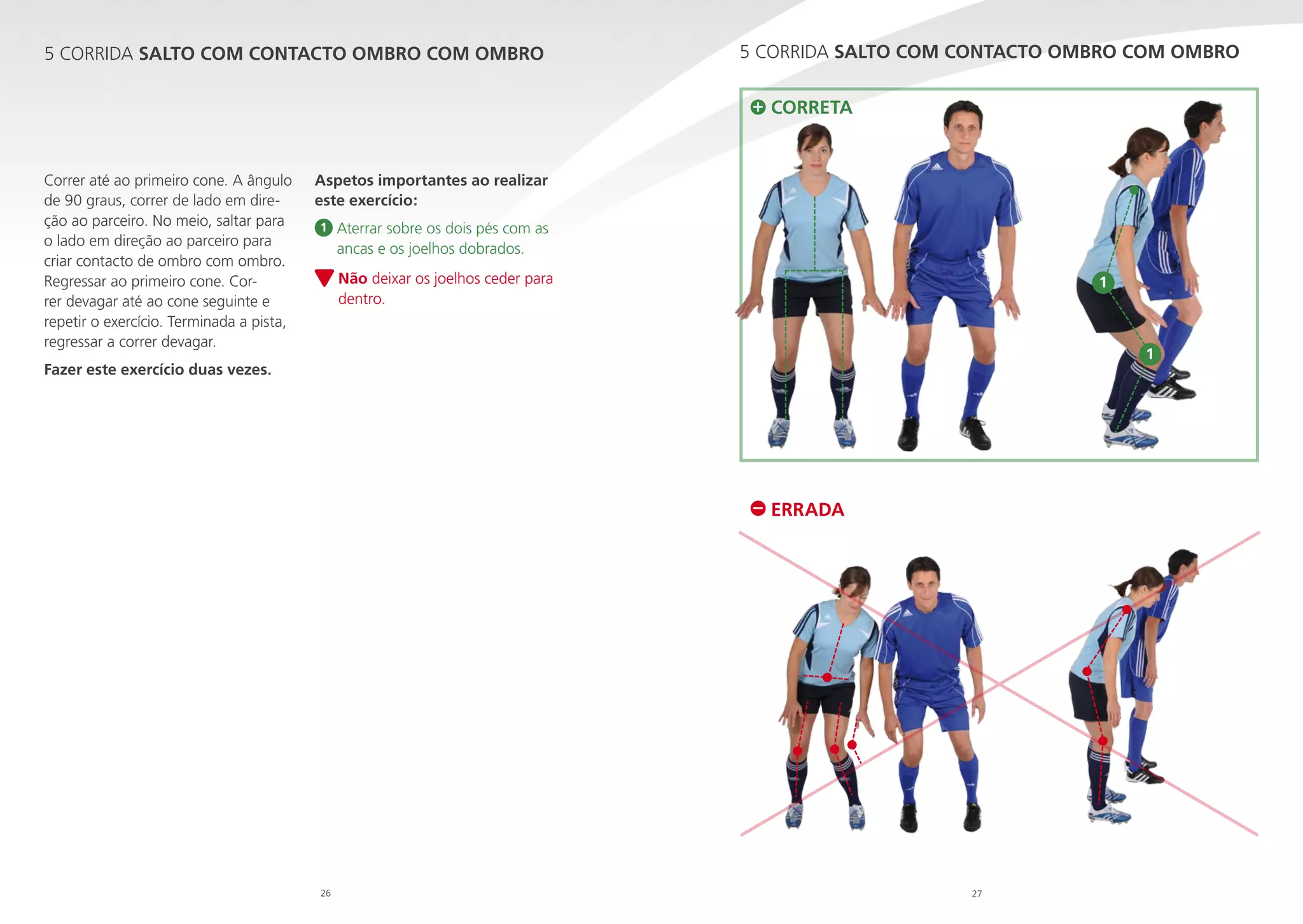 5 CORRIDA SALTO COM CONTACTO OMBRO COM OMBRO

5 CORRIDA SALTO COM CONTACTO OMBRO COM OMBRO
CORRETA

Correr até ao primeiro cone. A ângulo
de 90 graus, correr de lado em direção ao parceiro. No meio, saltar para
o lado em direção ao parceiro para
criar contacto de ombro com ombro.
Regressar ao primeiro cone. Correr devagar até ao cone seguinte e
repetir o exercício. Terminada a pista,
regressar a correr devagar.

Aspetos importantes ao realizar
este exercício:
1

Aterrar sobre os dois pés com as

ancas e os joelhos dobrados.
N
 ão deixar os joelhos ceder para
dentro.

1

1

Fazer este exercício duas vezes.

ERRADA

26

27

 