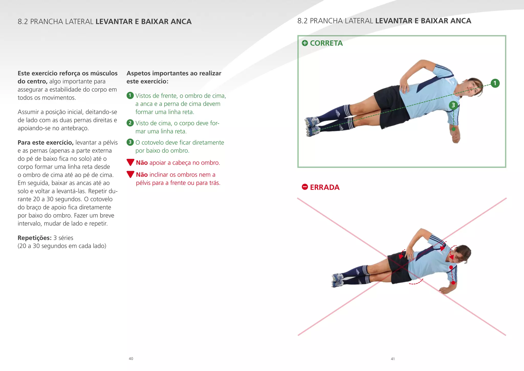 8.2 PRANCHA LATERAL LEVANTAR E BAIXAR ANCA

8.2 PRANCHA LATERAL LEVANTAR E BAIXAR ANCA
CORRETA

Este exercício reforça os músculos
do centro, algo importante para
assegurar a estabilidade do corpo em
todos os movimentos.
Assumir a posição inicial, deitando-se
de lado com as duas pernas direitas e
apoiando-se no antebraço.
Para este exercício, levantar a pélvis
e as pernas (apenas a parte externa
do pé de baixo fica no solo) até o
corpo formar uma linha reta desde
o ombro de cima até ao pé de cima.
Em seguida, baixar as ancas até ao
solo e voltar a levantá-las. Repetir durante 20 a 30 segundos. O cotovelo
do braço de apoio fica diretamente
por baixo do ombro. Fazer um breve
intervalo, mudar de lado e repetir.

Aspetos importantes ao realizar
este exercício:
1

1

Vistos de frente, o ombro de cima,
a anca e a perna de cima devem
formar uma linha reta.

2

V
 isto de cima, o corpo deve formar uma linha reta.

3

3

O cotovelo deve ficar diretamente

por baixo do ombro.
N
 ão apoiar a cabeça no ombro.
N
 ão inclinar os ombros nem a
pélvis para a frente ou para trás.

ERRADA

Repetições: 3 séries
(20 a 30 segundos em cada lado)

40

41

 