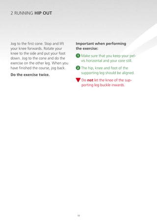 2 RUNNING HIP OUT

Jog to the first cone. Stop and lift
your knee forwards. Rotate your
knee to the side and put your foot
down. Jog to the cone and do the
exercise on the other leg. When you
have finished the course, jog back.

Important when performing
the exercise:
1

M
 ake sure that you keep your pelvis horizontal and your core still.

2

T
 he hip, knee and foot of the
supporting leg should be aligned.

Do the exercise twice.

D
 o not let the knee of the supporting leg buckle inwards.

18

 