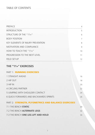 Table of contents

Preface	

4

Introduction	

5

Structure of the “11+”	

6

BODY POSITION	

7

Key elements of injury prevention	

8

Motivation and Compliance	

9

How to teach the “11+”	

10

Progression to the next level	

11

Field set-up	

12

The “11+” exercises
PART 1: RUNNING EXERCISES
1 STRAIGHT AHEAD	

16

2 HIP OUT	

18

3 HIP IN	

20

4 CIRCLING PARTNER	

22

5 JUMPING WITH SHOULDER CONTACT	

24

6 QUICK FORWARDS AND BACKWARDS SPRINTS	

26

PART 2: STRENGTH, PLYOMETRICS AND BALANCE EXERCISES
7.1 THE BENCH STATIC	

30

7.2 THE BENCH ALTERNATE LEGS	

32

7.3 THE BENCH ONE LEG LIFT AND HOLD	

34

2

 