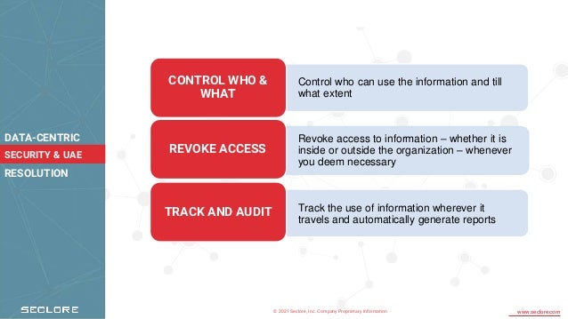 © 2021 Seclore, Inc. Company Proprietary Information www.seclore.com
DATA-CENTRIC
SECURITY & UAE
RESOLUTION
Control who can use the information and till
what extent
CONTROL WHO &
WHAT
Revoke access to information – whether it is
inside or outside the organization – whenever
you deem necessary
REVOKE ACCESS
Track the use of information wherever it
travels and automatically generate reports
TRACK AND AUDIT
 