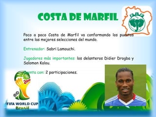 Costa de Marfil
Poco a poco Costa de Marfil va conformando los puestos
entre las mejores selecciones del mundo.
Entrenador: Sabri Lamouchi.
Jugadores más importantes: los delanteros Didier Drogba y
Salomon Kalou.
Cuenta con: 2 participaciones.
 