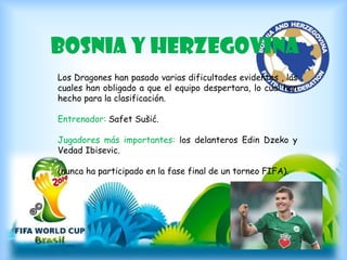 Bosnia y Herzegovina
Los Dragones han pasado varias dificultades evidentes , las
cuales han obligado a que el equipo despertara, lo cual han
hecho para la clasificación.
Entrenador: Safet Sušić.
Jugadores más importantes: los delanteros Edin Dzeko y
Vedad Ibisevic.
(nunca ha participado en la fase final de un torneo FIFA).
 