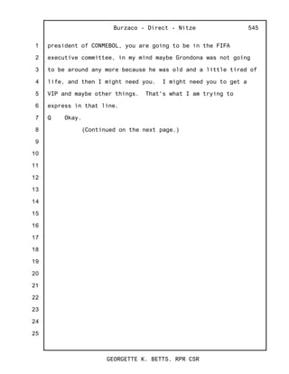 1
2
3
4
5
6
7
8
9
10
11
12
13
14
15
16
17
18
19
20
21
22
23
24
25
Burzaco - Direct - Nitze
GEORGETTE K. BETTS, RPR CSR
545
president of CONMEBOL, you are going to be in the FIFA
executive committee, in my mind maybe Grondona was not going
to be around any more because he was old and a little tired of
life, and then I might need you. I might need you to get a
VIP and maybe other things. That's what I am trying to
express in that line.
Q Okay.
(Continued on the next page.)
 