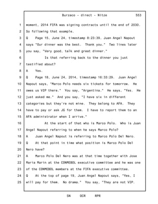 1
2
3
4
5
6
7
8
9
10
11
12
13
14
15
16
17
18
19
20
21
22
23
24
25
Burzaco - direct - Nitze
SN OCR RPR
553
moment, 2014 FIFA was signing contracts until the end of 2030.
So following that example.
Q Page 15, June 24, timestamp 8:23:39, Juan Angel Napout
says "Our dinner was the best. Thank you." Two lines later
you say, "Very good, talk and great dinner."
Is that referring back to the dinner you just
testified about?
A Yes.
Q Page 18, June 24, 2014, timestamp 16:33:29. Juan Angel
Napout says, "Marco Polo needs six tickets for tomorrow. He
owes us VIP there." You say, "Argentina." He says, "Yes. He
just asked me." And you say, "I have six in different
categories but they're not mine. They belong to AFA. They
have to pay or ask JG for them. I have to report them to an
AFA administrator when I arrive."
At the start of that who is Marco Polo. Who is Juan
Angel Napout referring to when he says Marco Polo?
A Juan Angel Napout is referring to Marco Polo Del Nero.
Q At that point in time what position is Marco Polo Del
Nero have?
A Marco Polo Del Nero was at that time together with Jose
Maria Marin at the CONMEBOL executive committee and he was one
of the CONMEBOL members at the FIFA executive committee.
Q At the top of page 19, Juan Angel Napout says, "Yes, I
will pay for them. No drama." You say, "They are not VIP.
 