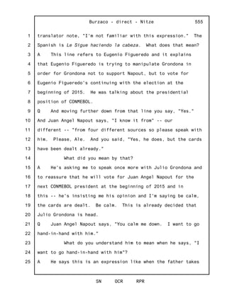 1
2
3
4
5
6
7
8
9
10
11
12
13
14
15
16
17
18
19
20
21
22
23
24
25
Burzaco - direct - Nitze
SN OCR RPR
555
translator note, "I'm not familiar with this expression." The
Spanish is Le Sigue haciendo la cabeza. What does that mean?
A This line refers to Eugenio Figueredo and it explains
that Eugenio Figueredo is trying to manipulate Grondona in
order for Grondona not to support Napout, but to vote for
Eugenio Figueredo's continuing with the election at the
beginning of 2015. He was talking about the presidential
position of CONMEBOL.
Q And moving further down from that line you say, "Yes."
And Juan Angel Napout says, "I know it from" -- our
different -- "from four different sources so please speak with
him. Please, Ale. And you said, "Yes, he does, but the cards
have been dealt already."
What did you mean by that?
A He's asking me to speak once more with Julio Grondona and
to reassure that he will vote for Juan Angel Napout for the
next CONMEBOL president at the beginning of 2015 and in
this -- he's insisting me his opinion and I'm saying be calm,
the cards are dealt. Be calm. This is already decided that
Julio Grondona is head.
Q Juan Angel Napout says, "You calm me down. I want to go
hand-in-hand with him."
What do you understand him to mean when he says, "I
want to go hand-in-hand with him"?
A He says this is an expression like when the father takes
 