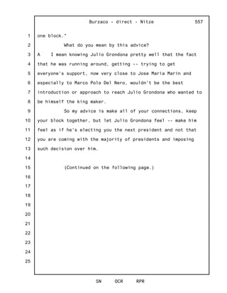 1
2
3
4
5
6
7
8
9
10
11
12
13
14
15
16
17
18
19
20
21
22
23
24
25
Burzaco - direct - Nitze
SN OCR RPR
557
one block."
What do you mean by this advice?
A I mean knowing Julio Grondona pretty well that the fact
that he was running around, getting -- trying to get
everyone's support, now very close to Jose Maria Marin and
especially to Marco Polo Del Nero, wouldn't be the best
introduction or approach to reach Julio Grondona who wanted to
be himself the king maker.
So my advice is make all of your connections, keep
your block together, but let Julio Grondona feel -- make him
feel as if he's electing you the next president and not that
you are coming with the majority of presidents and imposing
such decision over him.
(Continued on the following page.)
 