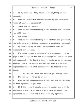 1
2
3
4
5
6
7
8
9
10
11
12
13
14
15
16
17
18
19
20
21
22
23
24
25
Burzaco - Direct - Nitze
GEORGETTE K. BETTS, RPR CSR
599
A To my knowledge, they haven't done anything on that
respect.
Q What is the maximum sentencing penalty you face under
terms of your plea agreement?
A Sixty years of prison.
Q What is your understanding of who decides what sentence
you will receive?
A The judge.
Q What is your understanding about whether the government,
the U.S. Attorney's Office recommends a particular sentence?
A My understanding is that the government does not
recommend any sentence.
Q I'm going to read a portion of this agreement. I'm on
page 9 and it says at the end of paragraph 6: The office will
not recommend to the Court a specific sentence to be imposed.
Further, the office cannot and does not make a promise or
representation as to what sentence will be imposed by the
Court.
Mr. Burzaco, what sentence are you hoping to get?
A I'm hoping not to go to prison.
Q What is your understanding of what happens by the terms
of this agreement if you lie?
A If I lie, I don't comply with rule number one with the
condition present to do everything in this agreement, the
agreement is tear down and I don't have any agreement
 