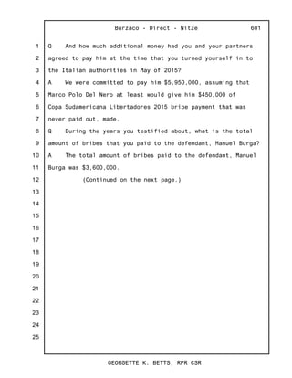 1
2
3
4
5
6
7
8
9
10
11
12
13
14
15
16
17
18
19
20
21
22
23
24
25
Burzaco - Direct - Nitze
GEORGETTE K. BETTS, RPR CSR
601
Q And how much additional money had you and your partners
agreed to pay him at the time that you turned yourself in to
the Italian authorities in May of 2015?
A We were committed to pay him $5,950,000, assuming that
Marco Polo Del Nero at least would give him $450,000 of
Copa Sudamericana Libertadores 2015 bribe payment that was
never paid out, made.
Q During the years you testified about, what is the total
amount of bribes that you paid to the defendant, Manuel Burga?
A The total amount of bribes paid to the defendant, Manuel
Burga was $3,600,000.
(Continued on the next page.)
 