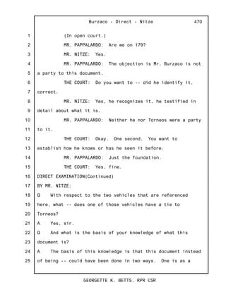 1
2
3
4
5
6
7
8
9
10
11
12
13
14
15
16
17
18
19
20
21
22
23
24
25
Burzaco - Direct - Nitze
GEORGETTE K. BETTS, RPR CSR
470
(In open court.)
MR. PAPPALARDO: Are we on 179?
MR. NITZE: Yes.
MR. PAPPALARDO: The objection is Mr. Burzaco is not
a party to this document.
THE COURT: Do you want to -- did he identify it,
correct.
MR. NITZE: Yes, he recognizes it, he testified in
detail about what it is.
MR. PAPPALARDO: Neither he nor Torneos were a party
to it.
THE COURT: Okay. One second. You want to
establish how he knows or has he seen it before.
MR. PAPPALARDO: Just the foundation.
THE COURT: Yes, fine.
DIRECT EXAMINATION(Continued)
BY MR. NITZE:
Q With respect to the two vehicles that are referenced
here, what -- does one of those vehicles have a tie to
Torneos?
A Yes, sir.
Q And what is the basis of your knowledge of what this
document is?
A The basis of this knowledge is that this document instead
of being -- could have been done in two ways. One is as a
 