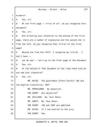 1
2
3
4
5
6
7
8
9
10
11
12
13
14
15
16
17
18
19
20
21
22
23
24
25
Burzaco - Direct - Nitze
GEORGETTE K. BETTS, RPR CSR
477
binders?
A Yes, sir.
Q On the first page -- first of all, do you recognize this
document?
A Yes, sir.
Q And directing your attention to the bottom of the first
page, there are a number of signatures and the second one in
from the left, do you recognize that initial on the first
page?
A Second one from the left? I recognize my initial. I
don't have --
Q Let me see -- let's go to the final page of the document.
A Yes, sir.
Q At the bottom of that document on the right-hand side do
you see your signature?
A Yes, sir.
MR. NITZE: The government offers Exhibit 180 and
the English translation, 180T.
MR. PAPPALARDO: No objection.
THE COURT: Any objection?
MR. STILLMAN: No, Your Honor.
MR. UDOLF: No, Your Honor.
THE COURT: 180 and 180T are admitted.
MR. NITZE: If I can publish to the jury.
THE COURT: Yes.
 