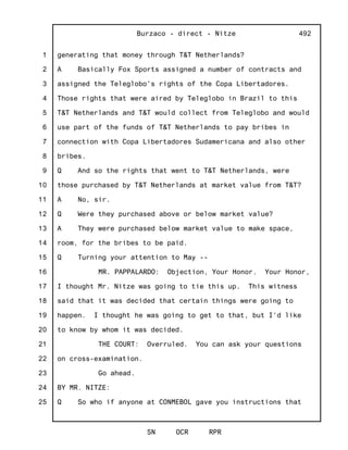 1
2
3
4
5
6
7
8
9
10
11
12
13
14
15
16
17
18
19
20
21
22
23
24
25
Burzaco - direct - Nitze
SN OCR RPR
492
generating that money through T&T Netherlands?
A Basically Fox Sports assigned a number of contracts and
assigned the Teleglobo's rights of the Copa Libertadores.
Those rights that were aired by Teleglobo in Brazil to this
T&T Netherlands and T&T would collect from Teleglobo and would
use part of the funds of T&T Netherlands to pay bribes in
connection with Copa Libertadores Sudamericana and also other
bribes.
Q And so the rights that went to T&T Netherlands, were
those purchased by T&T Netherlands at market value from T&T?
A No, sir.
Q Were they purchased above or below market value?
A They were purchased below market value to make space,
room, for the bribes to be paid.
Q Turning your attention to May --
MR. PAPPALARDO: Objection, Your Honor. Your Honor,
I thought Mr. Nitze was going to tie this up. This witness
said that it was decided that certain things were going to
happen. I thought he was going to get to that, but I'd like
to know by whom it was decided.
THE COURT: Overruled. You can ask your questions
on cross-examination.
Go ahead.
BY MR. NITZE:
Q So who if anyone at CONMEBOL gave you instructions that
 