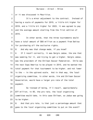 1
2
3
4
5
6
7
8
9
10
11
12
13
14
15
16
17
18
19
20
21
22
23
24
25
Burzaco - direct - Nitze
VB OCR CRR
514
or it was discussed in Mauritius.
It's a minor adjustment to the contract. Instead of
having a scale of payments for 2015, a little bit higher for
2019, and a little bit higher for 2023, it was agreed to pay
and the average amount starting from the first edition of
2015.
In other words, that the three tournaments would
have a total amount of $80 million as a payment from Datisa
for purchasing all the exclusive rights.
Q And why was that change made, if you know?
A If I recall correctly, it was Sergio Jadue, the one that
was seeking for it, and trying to get a higher, Sergio Jadue,
was the president of the Chilean Soccer Federation. Chile was
the next Copa America to be played in 2015, and he wanted the
total payment for that tournament to be higher, and not lower
in the -- in the uptrend scale. And in that way, the local
organizing committee, in other words, him and Chilean Soccer
Association, would have a larger pro rata of the total
payment.
So instead of being, if I recall, approximately
$77 million, in 80, the pro rata, the local organizing
committee would take, in this case Chilean, so Jadue was going
to be higher.
Q And that pro rata, is that just a percentage amount that
goes to the local organizing committee to put on the event?
 
