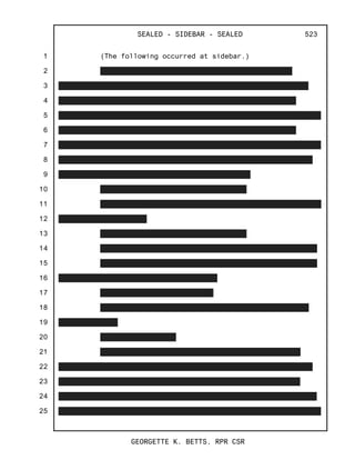 1
2
3
4
5
6
7
8
9
10
11
12
13
14
15
16
17
18
19
20
21
22
23
24
25
SEALED - SIDEBAR - SEALED
GEORGETTE K. BETTS, RPR CSR
523
(The following occurred at sidebar.)
 