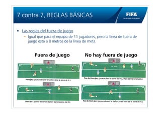 7 contra 7, REGLAS BÁSICAS

• Las reglas del fuera de juego
      Igual que para el equipo de 11 jugadores, pero la línea de fuera de
      juego está a 8 metros de la línea de meta.


          Fuera de juego                 No hay fuera de juego
 