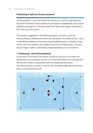 98 
Positioning in ball out of play situations 
The best position is one from which the referee can make the right decision. 
All recommendations about positioning are based on probabilities and must be 
adjusted using specific information about the teams, the players and events in 
the match up to that point. 
The positions suggested in the following graphics are basic; some are 
recommended to referees and others are mandatory. The reference to a “zone” 
is intended to emphasise that every recommended position is actually an area 
within which the referee is most likely to optimise his effectiveness. The zone 
may be larger, smaller or differently shaped depending on circumstances. 
1. Positioning – kick-off (mandatory) 
At the start of the match, the referee situated on the touch line where the 
substitution zone is located must be in line with the halfway line to check that 
the kick-off is taken in accordance with the established procedure. 
The second referee must be in line with the second-last defender of the team 
that is not taking the kick-off. 
R2 
R 
Guidelines for Referees 
 
