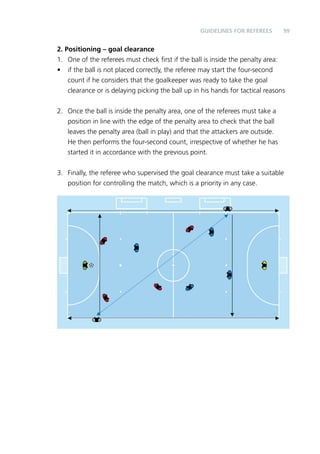 99 
Guidelines for Referees 
2. Positioning – goal clearance 
1. One of the referees must check first if the ball is inside the penalty area: 
• if the ball is not placed correctly, the referee may start the four-second 
count if he considers that the goalkeeper was ready to take the goal 
clearance or is delaying picking the ball up in his hands for tactical reasons 
2. Once the ball is inside the penalty area, one of the referees must take a 
position in line with the edge of the penalty area to check that the ball 
leaves the penalty area (ball in play) and that the attackers are outside. 
He then performs the four-second count, irrespective of whether he has 
started it in accordance with the previous point. 
3. Finally, the referee who supervised the goal clearance must take a suitable 
position for controlling the match, which is a priority in any case. 
 