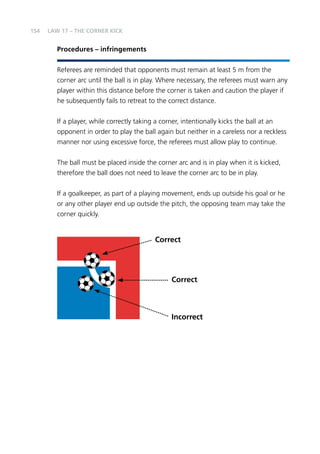 154 
LAW 17 – THE CORNER KICK 
Procedures – infringements 
Referees are reminded that opponents must remain at least 5 m from the 
corner arc until the ball is in play. Where necessary, the referees must warn any 
player within this distance before the corner is taken and caution the player if 
he subsequently fails to retreat to the correct distance. 
If a player, while correctly taking a corner, intentionally kicks the ball at an 
opponent in order to play the ball again but neither in a careless nor a reckless 
manner nor using excessive force, the referees must allow play to continue. 
The ball must be placed inside the corner arc and is in play when it is kicked, 
therefore the ball does not need to leave the corner arc to be in play. 
If a goalkeeper, as part of a playing movement, ends up outside his goal or he 
or any other player end up outside the pitch, the opposing team may take the 
corner quickly. 
Correct 
Correct 
Incorrect 
 