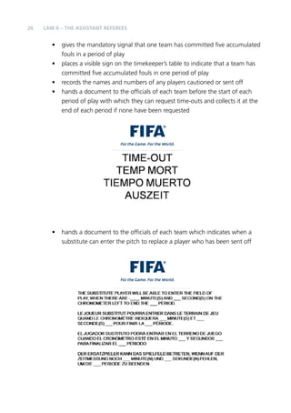 26 LAW 6 – The Assistant Referees 
• gives the mandatory signal that one team has committed five accumulated 
fouls in a period of play 
• places a visible sign on the timekeeper’s table to indicate that a team has 
committed five accumulated fouls in one period of play 
• records the names and numbers of any players cautioned or sent off 
• hands a document to the officials of each team before the start of each 
period of play with which they can request time-outs and collects it at the 
end of each period if none have been requested 
• hands a document to the officials of each team which indicates when a 
substitute can enter the pitch to replace a player who has been sent off 
 