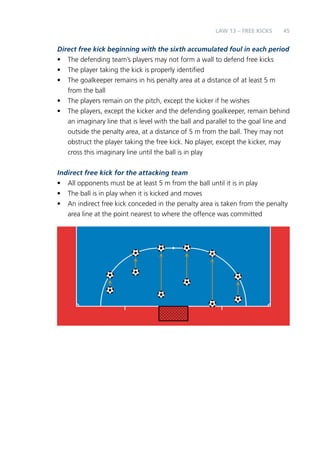 45 
LAW 13 – FREE KICKS 
Direct free kick beginning with the sixth accumulated foul in each period 
• The defending team’s players may not form a wall to defend free kicks 
• The player taking the kick is properly identified 
• The goalkeeper remains in his penalty area at a distance of at least 5 m 
from the ball 
• The players remain on the pitch, except the kicker if he wishes 
• The players, except the kicker and the defending goalkeeper, remain behind 
an imaginary line that is level with the ball and parallel to the goal line and 
outside the penalty area, at a distance of 5 m from the ball. They may not 
obstruct the player taking the free kick. No player, except the kicker, may 
cross this imaginary line until the ball is in play 
Indirect free kick for the attacking team 
• All opponents must be at least 5 m from the ball until it is in play 
• The ball is in play when it is kicked and moves 
• An indirect free kick conceded in the penalty area is taken from the penalty 
area line at the point nearest to where the offence was committed 
 