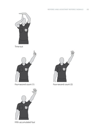 69 
Time-out 
Four-second count (1) Four-second count (2) 
Fifth accumulated foul 
REFEREE and assistant referee SIGNALS 
 