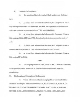 B. Unnamed Co-Conspirators
54. The identities ofthe following individuals are known to the Grand
Jury:
55, At various times relevant to the Indictment, Co-Conspirator #1 was a
high-ranking official ofFIFA, CONMEBOL and AFA, the Argentinian soccer federation,
which was a national member association ofFIFA and CONMEBOL.
56. At various times relevant to the Indictment, Co-Conspirator #2 was a
high-ranking official ofFIFA and AFC, the regional confederation representing much of
Asia.
57. At various times relevant to the Indictment, Co-Conspirator #3 was a
close advisor to the president ofFIFA and other high-ranking FIFA officials.
58. At various times relevant to the Indictment, Co-Conspirator #4 was a
high-ranking FIFA official.
* * * *
59. The foregoing officials ofFIFA, CONCACAF, CONMEBOL and other
soccer governing bodies were bound by fiduciary duties to each oftheir respective
organizations.
N. The Conspirators' Conuption ofthe Enterprise
60. Certain individuals and entities employed by or associated with the
enterprise, including the defendants HUGO JINKIS, MARIANO JINKIS, FULL PLAY,
HERNAN LOPEZ, CARLOS MARTINEZ, GERARD ROMY, ARIEL ALVARADO,
MANUEL BURGA, Luis CHIRIBOGA, MARCO POLO DEL NERO, EDUARDO
17
 