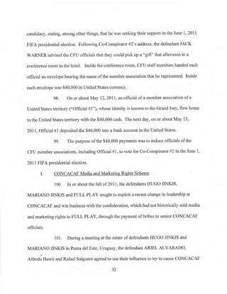 candidacy. stating, among other things, that he was seeking their support in the June 1, 2011
FIFA presidential election. Following Co-Conspirator #2's address, the defendant JACK
WARNER advised the CFU officials that they could pick up a "gift'' that aftemoon in a
conference room in the hotel. Inside the conference room, CFU staffmembers handed each
official an envelope bearing the name ofthe member association that he represented. Inside
each envelope was $40,000 in United States cu1Tency.
98. On or about May 12, 2011, an official of a member association ofa
United States territory ("Official #1''), whose identity is known to the Grand Jury, flew home
to the United States territory with the $40,000 cash'. The next day, on or about May 13,
2011, Official # 1 deposited the $40,000 into a bank account in the United States.
99. The purpose ofthe $40,000 payments was to induce officials of the
CFU member associations, including Official #1, to vote for Co-Conspirator #2 in the June 1,
2011 FIFA presidential election.
I. CONCACAF Media and Marketing Rights Scheme
l00. In or about the fall of2011 , the defendants ffiJGO JINKIS,
MA.RlA.NO JINKJS and FULL PLAY sought to exploit a recent change in leadership at
CONCACAF and win business with the confederation, which had not historically sold media
and marketing rights to FULL PLAY, through the payment ofbribes to senior CONCACAF
officials.
101. During a meeting at the estate ofdefendants HUGO JINKIS and
MARIANO JINKIS in Punta del Este, Uruguay, the defendant ARIEL ALVARADO,
Alfredo Ha.wit and Rafael Salguero agreed to use their influence to try to cause CONCACAF
32
 