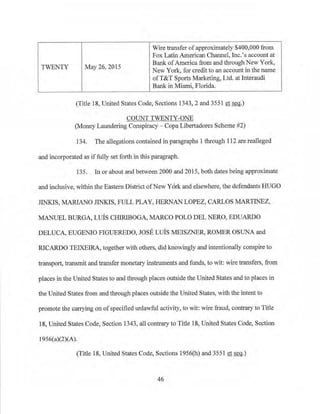 TWENTY May 26, 2015
Wire transfer of approximately $400,000 from
Fox Latin American Channel, lnc.'s account at
Bank ofAmerica from and th.rough New York,
Ne.w York, for credit to an account in the name
ofT&T Sports Marketing, Ltd. at Interaudi
Bank in Miami, Florida.
(Title 18, United States Code, Sections 1343, 2 and 3551 et seq.)
COUNT TWENTY-ONE
(Money Laundering Conspiracy - Copa Libe1tadores Scheme #2)
134. The allegations contained in paragraphs 1 through 112 are realleged
and incorporated as iffully set forth in this paragraph.
135. In or about and between 2000 and 2015, both dates being approximate
and inclusive, within the Eastern District ofNew Yerk and elsewhere, the defendants HUGO
JINKIS, MARIANO JINKIS, FULL PLAY, HERNAN LOPEZ, CARLOS MARTINEZ,
MANUEL BURGA, Luis CHIRIBOGA, MARCO POLO DEL NERO, EDUARDO
DELUCA, EUGENIO FIGUEREDO, JOSE LUIS J'v1EISZNER, ROMER OSUNA and
RICARDO TEIXEIRA, together with others, did knowingly and intentionally corlspire to
transport, transmit and transfer monetary instruments and funds, to wit: wire transfers, from
places in the United States to and through places outside the United States and to places in
the United States from and tlu·ough places outside the United States, with the intent to
promote the carrying on ofspecified unlawful activity, to wit: wire fraud, contrary to Title
18, United States Code, Section 1343, all contrary to Title 18, United States Code, Section
l956(a)(2)(A).
(Title 18, United States Code, Sections 1956(h) and 3551 et seq.)
46
 