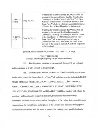 TI-IlRTY-
FOUR
May 20, 2015
Wire transfer ofapproximately $1,100,000 from an
account in the name of Major Satellite Broadcasting
Company A at Bank of America in New York, New
Yark to a·coITespondent account at Citibank in New
York, New York, for credit to an account in the name
ofDatisa S.A. at Bank Hapoalim in Switzerland.
THIRTY-
FIVE
May 26, 2015
Wire transfer ofapproximately $2,000,000 from an
account in the name ofBrazilian Broadcasting
Company A, an entity the identity of which is known
to the Grand Jury, at HSBC Bank in or from New
York, New York to a correspondent account at
Citibankin New York, New York, for credit to an
account in the riame ofDatisa S.A. at Bank Hapoalim
in Switzerland.
(Title 18, United States Code, Sections 1343, 2 and 3551 et seq.)
COUNT THIRTY-SIX
(Money Laundering Conspiracy- Copa America Scheme)
155. The allegations contained in paragraphs 1 tlu:ough 112 are realleged
and incorporated as iffully set forth in this paragraph.
156. In or about and between 2010 and 2015,.both dates being approximate
and inclusive, within the Eastern District of New York and elsewhere, the defendants HUGO
JINKJS, MARIANO JlNKJS, FULL PLAY, MANUEL BURGA, LIBS CHIRIBOGA,
MARCO POLO DEL NERO, EDUARDO DELUCA, EUGENIO FIGUEREDO, JOSE
LUIS MEISZNER, ROMER OSUNA and RICARDO TEIXEIRA, together with others, did
knowingly and intentionally conspire to transport, transmit and transfer monetary
instruments and funds, to wit: wire transfers, from places in the United States to and through
places outside the United States and to places in the United States from and through places
outside the United States, with the intent to promote the carrying on of specified unlawful
54
 