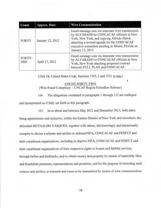 Count I •
I A.ppr ox. Date Vire Communication
FORTY January 12, 2012
Email message sent via interstate wire transmission
by ALVA.RADO to CONCACAF officials in New
York, New York~and copying Alfredo Hawit,
attaching a revised agenda for the CONCACAF
executive committee meeting in Miami, Florida on
January 15, 2012.
FORTY-
ONE April 17, 2012
Email message sent via interstate wire transmission
by ALVA.RADO to CONCACAF officials in New
York, New York attaching proposed contract
between FULL PLAY andCONCACAF.
(Title 18, United States Code, Sections 1343, 2 and 3551 et seq.)

COUNT FORTY-TWO
(Wire Fraud Conspiracy - UNCAP Region Friendlies Scheme)
166. The allegations contained in.paragraphs 1 through 112 are realleged
and incorporated as iffully set forth in this paragraph.
167. In or about and between May 2012 and December 2015, both dates
being approximate and inclusive, within the Eastern District ofNew York and elsewhere, the
defendant REYNALDO VASQUEZ, together with others, did knowingly and intentionally
conspire to devise a scheme and artifice to defraud FIFA, CONCACAF and FESFUT and
their constituent organizations, including to deprive FIFA, CONCACAF and FESFUT and
their constituent organizations oftheir respective rights to honest and faithful services
through bribes and kickbacks, and to obtain money and property by means ofmaterially false
and fraudulent pretenses,_representations and promises, and for the purpose ofexecuting such
scheme and artifice, to transmit and cause to be transmitted by means of wire communication
58
 