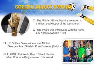 GOLDEN GLOVE AWARD
 The Golden Glove Award is awarded to
the best goalkeeper of the tournament
 The award was introduced with the name
Lev Yashin Award in 1994
 1ST Golden Glove winner was Michel
Georges Jean Ghislain Preud'homme (Belgium)
 In 2018 FIFA World Cup Thibaut Nicolas
Marc Courtois (Belgium) won this award.
 