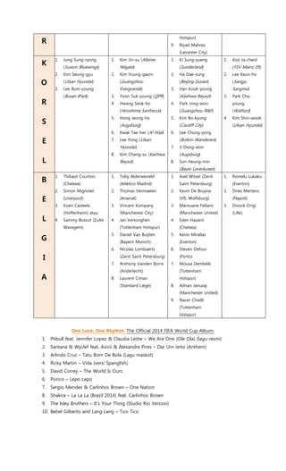 R
Hotspur)
9. Riyad Mahrez
(Leicester City)
K
O
R
S
E
L
1. Jung Sung-ryong
(Suwon Bluewings)
2. Kim Seung-gyu
(Ulsan Hyundai)
3. Lee Bum-young
(Busan IPark)
1. Kim Jin-su (Albirex
Niigata)
2. Kim Young-gwon
(Guangzhou
Evergrande)
3. Yoon Suk-young (QPR)
4. Hwang Seok-ho
(Hiroshima Sanfrecce)
5. Hong Jeong-ho
(Augsburg)
6. Kwak Tae-hwi (Al Hilal)
7. Lee Yong (Ulsan
Hyundai)
8. Kim Chang-su (Kashiwa
Reysol)
1. Ki Sung-yueng
(Sunderland)
2. Ha Dae-sung
(Beijing Guoan)
3. Han Kook-young
(Kashiwa Reysol)
4. Park Jong-woo
(Guangzhou R&F)
5. Kim Bo-kyung
(Cardiff City)
6. Lee Chung-yong
(Bolton Wanderers)
7. Ji Dong-won
(Augsburg)
8. Son Heung-min
(Bayer Leverkusen)
1. Koo Ja-cheol
(FSV Mainz 05)
2. Lee Keun-ho
(Sangju
Sangmu)
3. Park Chu-
young
(Watford)
4. Kim Shin-wook
(Ulsan Hyundai)
B
E
L
G
I
A
1. Thibaut Courtois
(Chelsea)
2. Simon Mignolet
(Liverpool)
3. Koen Casteels
(Hoffenheim) atau
4. Sammy Bossut (Zulte
Waregem).
1. Toby Alderweireld
(Atlético Madrid)
2. Thomas Vermaelen
(Arsenal)
3. Vincent Kompany
(Manchester City)
4. Jan Vertonghen
(Tottenham Hotspur)
5. Daniel Van Buyten
(Bayern Munich)
6. Nicolas Lombaerts
(Zenit Saint Petersburg)
7. Anthony Vanden Borre
(Anderlecht)
8. Laurent Ciman
(Standard Liège)
1. Axel Witsel (Zenit
Saint Petersburg)
2. Kevin De Bruyne
(VfL Wolfsburg)
3. Marouane Fellaini
(Manchester United)
4. Eden Hazard
(Chelsea)
5. Kevin Mirallas
(Everton)
6. Steven Defour
(Porto)
7. Mousa Dembélé
(Tottenham
Hotspur)
8. Adnan Januzaj
(Manchester United)
9. Nacer Chadli
(Tottenham
Hotspur)
1. Romelu Lukaku
(Everton)
2. Dries Mertens
(Napoli)
3. Divock Origi
(Lille).
One Love, One Rhythm: The Official 2014 FIFA World Cup Album:
1. Pitbull feat. Jennifer Lopez & Claudia Leitte – We Are One (Ole Ola) (lagu resmi)
2. Santana & Wyclef feat. Avicii & Alexandre Pires – Dar Um Jeito (Anthem)
3. Arlindo Cruz – Tatu Bom De Bola (Lagu maskot)
4. Ricky Martin – Vida (versi Spanglish)
5. David Correy – The World Is Ours
6. Psirico – Lepo Lepo
7. Sergio Mendes & Carlinhos Brown – One Nation
8. Shakira – La La La (Brazil 2014) feat. Carlinhos Brown
9. The Isley Brothers – It’s Your Thing (Studio Rio Version)
10. Bebel Gilberto and Lang Lang – Tico Tico
 