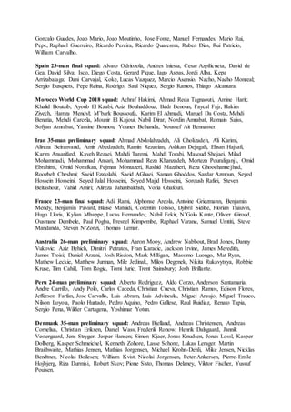 Goncalo Guedes, Joao Mario, Joao Moutinho, Jose Fonte, Manuel Fernandes, Mario Rui,
Pepe, Raphael Guerreiro, Ricardo Pereira, Ricardo Quaresma, Ruben Dias, Rui Patricio,
William Carvalho.
Spain 23-man final squad: Alvaro Odriozola, Andres Iniesta, Cesar Azpilicueta, David de
Gea, David Silva; Isco, Diego Costa, Gerard Pique, Iago Aspas, Jordi Alba, Kepa
Arrizabalaga; Dani Carvajal, Koke, Lucas Vazquez, Marcio Asensio, Nacho, Nacho Monreal;
Sergio Busquets, Pepe Reina, Rodrigo, Saul Niquez, Sergio Ramos, Thiago Alcantara.
Morocco World Cup 2018 squad: Achraf Hakimi, Ahmad Reda Tagnaouti, Amine Harit;
Khalid Boutaib, Ayoub El Kaabi, Aziz Bouhaddouz, Badr Benoun, Faycal Fajr, Hakim
Ziyech, Hamza Mendyl; M’bark Boussoufa, Karim El Ahmadi, Manuel Da Costa, Mehdi
Benatia, Mehdi Carcela, Mounir El Kajoui, Nabil Dirar, Nordin Amrabat, Romain Saiss,
Sofyan Amrabat, Yassine Bounou, Younes Belhanda, Youssef Ait Bennasser.
Iran 35-man preliminary squad: Ahmad Abdolahzadeh, Ali Gholizadeh, Ali Karimi,
Alireza Beiranvand, Amir Abedzadeh; Ramin Rezaeian, Ashkan Dejagah, Ehsan Hajsafi,
Karim Ansarifard, Kaveh Rezaei, Mahdi Taremi, Mahdi Torabi, Masoud Shojaei, Milad
Mohammadi, Mohammad Ansari, Mohammad Reza Khanzadeh, Morteza Pouraliganji, Omid
Ebrahimi, Omid Norafkan, Pejman Montazeri, Rashid Mazaheri, Reza Ghoochannejhad,
Roozbeh Cheshmi; Saeid Ezatolahi, Saeid AGhaei, Saman Ghoddos, Sardar Azmoun, Seyed
Hossein Hosseini, Seyed Jalal Hosseini, Seyed Majid Hosseini, Soroush Rafiei, Steven
Beitashour, Vahid Amiri; Alireza Jahanbakhsh, Voria Ghafouri.
France 23-man final squad: Adil Rami, Alphonse Areola, Antoine Griezmann, Benjamin
Mendy, Benjamin Pavard, Blaise Matuidi, Corentin Tolisso, Djibril Sidibe, Florian Thauvin,
Hugo Lloris, Kylian Mbappe, Lucas Hernandez, Nabil Fekir, N’Golo Kante, Olivier Giroud,
Ousmane Dembele, Paul Pogba, Presnel Kimpembe, Raphael Varane, Samuel Umtiti, Steve
Mandanda, Steven N’Zonzi, Thomas Lemar.
Australia 26-man preliminary squad: Aaron Mooy, Andrew Nabbout, Brad Jones, Danny
Vukovic; Aziz Behich, Dimitri Petratos, Fran Karacic, Jackson Irvine, James Meredith,
James Troisi; Daniel Arzani, Josh Risdon, Mark Milligan, Massimo Luongo, Mat Ryan,
Mathew Leckie, Matthew Jurman, Mile Jedinak, Milos Degenek, Nikita Rukavytsya, Robbie
Kruse, Tim Cahill, Tom Rogic, Tomi Juric, Trent Sainsbury; Josh Brillante.
Peru 24-man preliminary squad: Alberto Rodriguez, Aldo Corzo, Anderson Santamaria,
Andre Carrillo, Andy Polo, Carlos Caceda, Christian Cueva, Christian Ramos, Edison Flores,
Jefferson Farfan, Jose Carvallo, Luis Abram, Luis Advincula, Miguel Araujo, Miguel Trauco,
Nilson Loyola, Paolo Hurtado, Pedro Aquino, Pedro Gallese, Raul Ruidiaz, Renato Tapia,
Sergio Pena, Wilder Cartagena, Yoshimar Yotun.
Denmark 35-man preliminary squad: Andreas Bjelland, Andreas Christensen, Andreas
Cornelius, Christian Eriksen, Daniel Wass, Frederik Ronow, Henrik Dalsgaard, Jannik
Vestergaard, Jens Stryger, Jesper Hansen; Simon Kjaer, Jonas Knudsen, Jonas Lossl, Kasper
Dolberg, Kasper Schmeichel, Kenneth Zohore, Lasse Schone, Lukas Lerager, Martin
Braithwaite, Mathias Jensen, Mathias Jorgensen, Michael Krohn-Dehli, Mike Jensen, Nicklas
Bendtner, Nicolai Boilesen; William Kvist, Nicolai Jorgensen, Peter Ankersen, Pierre-Emile
Hojbjerg, Riza Durmisi, Robert Skov; Pione Sisto, Thomas Delaney, Viktor Fischer, Yussuf
Poulsen.
 