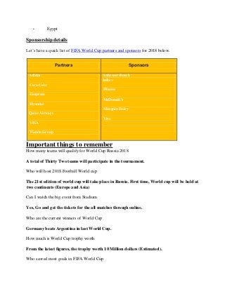 • Egypt
Sponsorship details
Let’s have a quick list of FIFA World Cup partners and sponsors for 2018 below.
Partners Sponsors
Adidas
Coca-Cola
Gazprom
Hyundai
Qatar Airways
VISA
Wanda Group
Anheuser-Busch
InBev
Hisense
McDonald’s
Mengniu Dairy
Vivo
Important things to remember
How many teams will qualify for World Cup Russia 2018
A total of Thirty Two teams will participate in the tournament.
Who will host 2018 Football World cup
The 21st edition of world cup will take place in Russia. First time, World cup will be held at
two continents (Europe and Asia)
Can I watch the big event from Stadium
Yes, Go and get the tickets for the all matches through online.
Who are the current winners of World Cup
Germany beats Argentina in last World Cup.
How much is World Cup trophy worth
From the latest figures, the trophy worth 10 Million dollars (Estimated).
Who scored most goals in FIFA World Cup
 