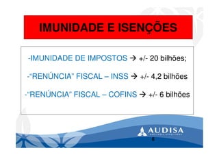 6
IMUNIDADE E ISENÇÕES
-IMUNIDADE DE IMPOSTOS +/- 20 bilhões;
-“RENÚNCIA” FISCAL – INSS +/- 4,2 bilhões
-“RENÚNCIA” FISCAL – COFINS +/- 6 bilhões
 