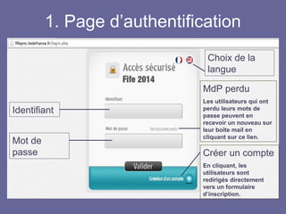 1. Page d’authentification
Identifiant
Mot de
passe Créer un compte
En cliquant, les
utilisateurs sont
redirigés directement
vers un formulaire
d’inscription.
MdP perdu
Les utilisateurs qui ont
perdu leurs mots de
passe peuvent en
recevoir un nouveau sur
leur boîte mail en
cliquant sur ce lien.
Choix de la
langue
 