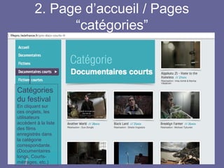 2. Page d’accueil / Pages
“catégories”
Catégories
du festival
En cliquant sur
ces onglets, les
utilisateurs
accèdent à la liste
des films
enregistrés dans
la catégorie
correspondante.
(Documentaires
longs, Courts-
métrages, etc.)
 