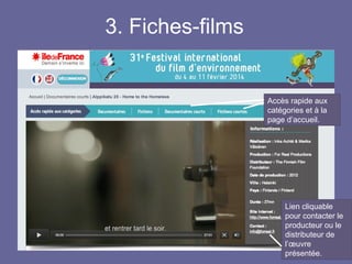 3. Fiches-films
Lien cliquable
pour contacter le
producteur ou le
distributeur de
l’œuvre
présentée.
Accès rapide aux
catégories et à la
page d’accueil.
 