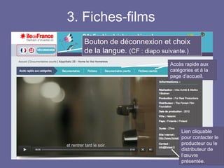 3. Fiches-films
Lien cliquable
pour contacter le
producteur ou le
distributeur de
l’œuvre
présentée.
Bouton de déconnexion et choix
de la langue. (CF : diapo suivante.)
Accès rapide aux
catégories et à la
page d’accueil.
 