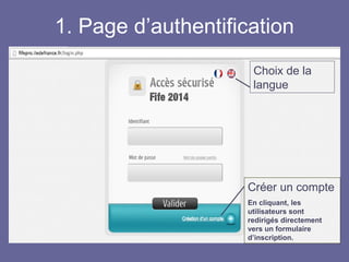 1. Page d’authentification
Créer un compte
En cliquant, les
utilisateurs sont
redirigés directement
vers un formulaire
d’inscription.
Choix de la
langue
 