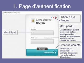 1. Page d’authentification
Identifiant
Créer un compte
En cliquant, les
utilisateurs sont
redirigés directement
vers un formulaire
d’inscription.
MdP perdu
Les utilisateurs qui ont
perdu leurs mots de
passe peuvent en
recevoir un nouveau sur
leur boîte mail en
cliquant sur ce lien.
Choix de la
langue
 