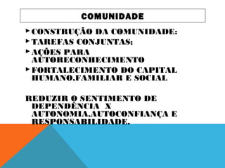 CONSTRUÇÃO DA COMUNIDADE:
TAREFAS CONJUNTAS;
AÇÕES PARA
AUTORECONHECIMENTO
FORTALECIMENTO DO CAPITAL
HUMANO,FAMILIAR E SOCIAL
REDUZIR O SENTIMENTO DE
DEPENDÊNCIA X
AUTONOMIA,AUTOCONFIANÇA E
RESPONSABILIDADE.
COMUNIDADE
 
