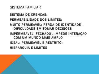 SISTEMA FAMILIAR
SISTEMA DE CRENÇAS;
PERMEABILIDADE DOS LIMITES:
MUITO PERMEÁVEL: PERDA DE IDENTIDADE –
DIFICULDADE EM TOMAR DECISÕES
IMPERMEÁVEL: FECHADO , IMPEDE INTERAÇÃO
COM UM MUNDO MAIS AMPLO
IDEAL: PERMEÁVEL E RESTRITO;
HIERARQUIA E LIMITES
 