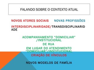 FALANDO SOBRE O CONTEXTO ATUAL
NOVOS ATORES SOCIAIS NOVAS PROFISSÕES
INTERDISCIPLINARIDADE/TRANSDISCIPLINARID
ADE
ACOMPANHAMENTO “DOMICILIAR”
/INSTITUCIONAL
DE RUA
EM LUGAR DO ATENDIMENTO
“DOMICILIAR”/INSTITUCIONAL
CRIAÇÃO DE VÍNCULOS
NOVOS MODELOS DE FAMÍLIA
 