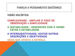 VISÃO HOLÍSTICA
COMPLEXIDADE : AMPLIAR O FOCO DE
OBSERVAÇÃO x SIMPLICIDADE
A INSTABILIDADE : DESCREVER COM O VERBO
ESTAR X ESTABILIDADE
A INTERSUBJETIVIDADE: ACATAR OUTRAS
DESCRIÇÕES X OBJETIVIDADE
DEDO QUE APONTA A ESTRELA.
FAMÍLIA X PENSAMENTO SISTÊMICO
 