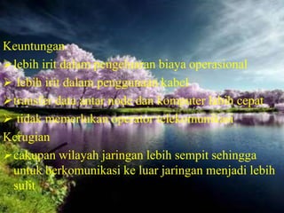 Keuntungan
lebih irit dalam pengeluaran biaya operasional
 lebih irit dalam penggunaan kabel
transfer data antar node dan komputer labih cepat
 tidak memerlukan operator telekomunikasi
Kerugian
cakupan wilayah jaringan lebih sempit sehingga
untuk berkomunikasi ke luar jaringan menjadi lebih
sulit

 